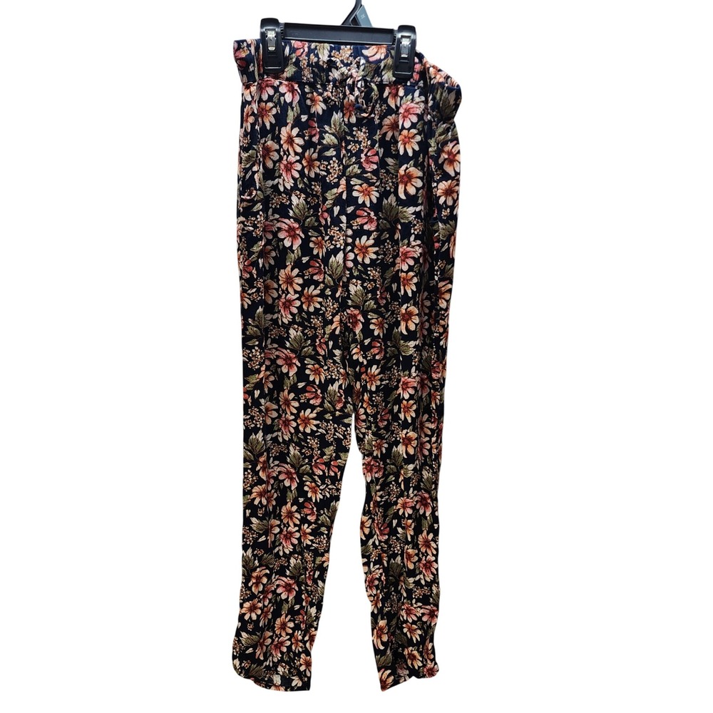 American Eagle Floral Pull On Pants Navy Blue Pink Orange Drawstring Small